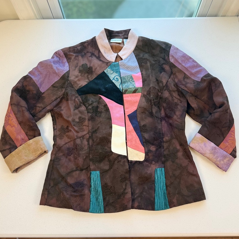 Chicos Art to Wear Patchwork Burnout Silk Blend Jacket Brown Multi Size XS-S